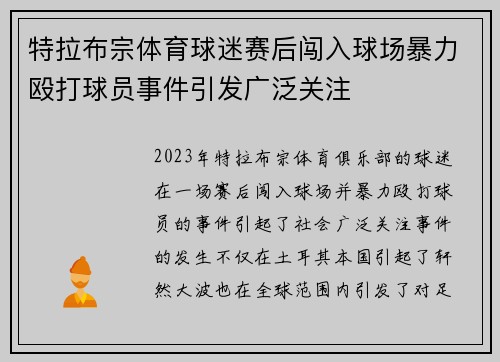特拉布宗体育球迷赛后闯入球场暴力殴打球员事件引发广泛关注