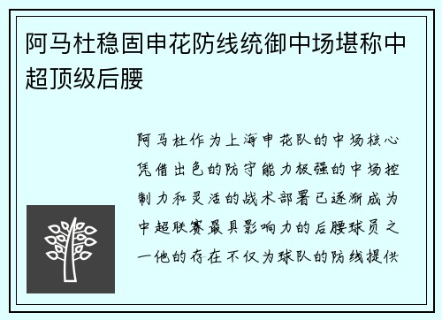 阿马杜稳固申花防线统御中场堪称中超顶级后腰